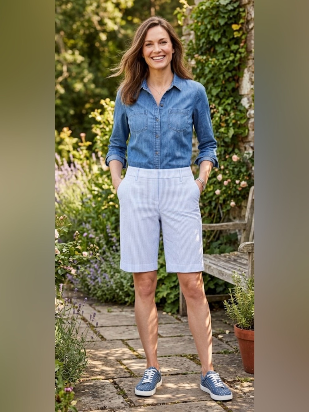 NWT Talbots Seersucker Shorts Petite 4P Larkspur Blue & White MSRP $79.50